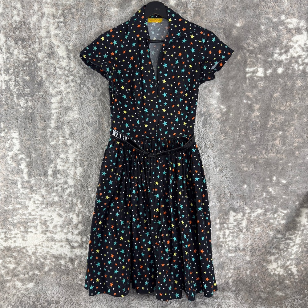 Bernie Dexter Sz XS Retro Star Print Rockabilly Pinup Fit Flare Dress Black